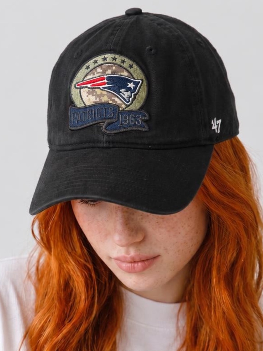 47 Black New England Patriots Hat w/Camo under brim “1963”